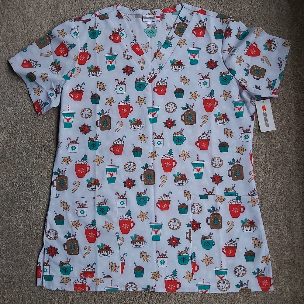 White Cross Holiday Print Scrub Top